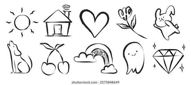 Doodle icons: sun, house, heart, flower, bunny, dog, cherries, rainbow, ghost, diamond. Simple, playful, hand-drawn style. Black and white doodles. Isolated vector set.