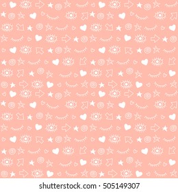 Doodle Icons, symbols set. Vector seamless pattern. Abstract hand drawn pink background.