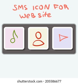 Doodle icons for your web site. In flat design style.Music,contact,play