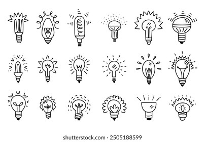 Doodle idea bulbs. Lamp bulb with expression signs and rays. Emotional symbols, creative, saving conservation of resources, innovation classy vector set