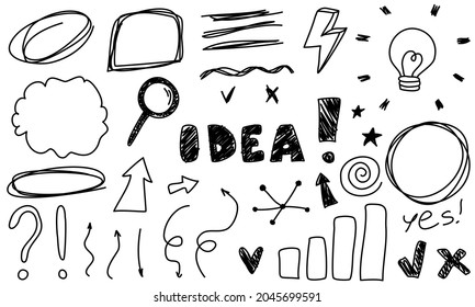 Doodle idea frames line arrows heart light bulb. Sketch magnifier set cute isolated collection for office.