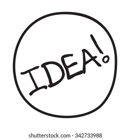 Doodle Idea icon. Blue pen hand drawn infographic symbol on a piece of notepaper. Line art style graphic design element. Web button with shadow. Coming up with an idea, invention concept. 