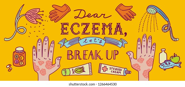 Doodle illustration about atopic dermatitis with text Dear eczema, let's break up. Allergen flower, gloves, shower, vitamins, medication, cream, healthy food.