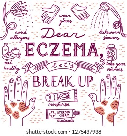 Doodle illustration about atopic dermatitis with text Dear eczema, let's break up. Allergen flower, gloves, shower, vitamins, medication, cream, healthy food. Hands with red spots. White background.