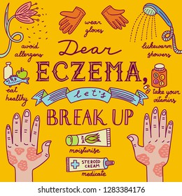 Doodle illustration about atopic dermatitis with text Dear eczema, let's break up. Allergen flower, gloves, shower, vitamins, medication, cream, healthy food. Hands with red spots. Bright colors.
