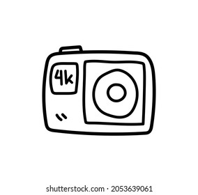 Doodle illustration of an action camera recording in 4k resolution, vector doodle of an action camera, isolated on a white background.