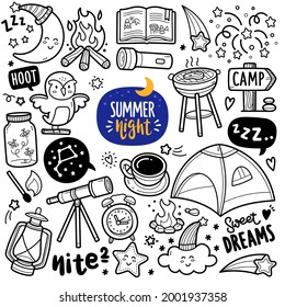 Doodle illustration of activity and objects in summer nights such as camping, catch fireflies, barbecue, fire camp, looking the stars with telescope, fireworks etc. Black and white line illustration.