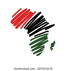 Doodle illustration of the Africa continent. Pan African flag. Black history month concept. Kwanzaa celebration. Social media banner, poster, brochure template. Isolated on white.