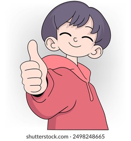 doodle illustration of agreement, happy faced boy showing thumbs up