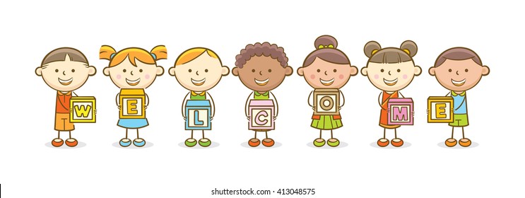 Doodle illustration: Alphabet block spelling Welcome