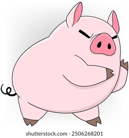 doodle illustration of animal activities, fat pig with a fierce face showing an angry expression