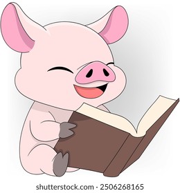 doodle illustration of animals acting funny, fat pig sitting reading a funny story book, he laughs happily