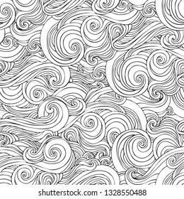 Doodle illustration in black and white colors. Waves, curves, curled lines seamless pattern. Abstract art background. Vector marine seamless pattern. Sea flow illustration