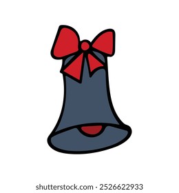 Doodle illustration of a blue Christmas bell with a bow on a white background. Christmas decorations.