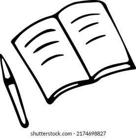 Doodle Illustration eines Buches mit Stift. Offenes Buch, Notizblock, Tagebuch, Vektorgrafik