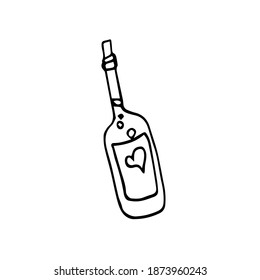 Doodle illustration of a bottle with a cork in a glass or plastic package with a label that shows a heart. The bottle can be used for stickers, stickers, wrapping paper, postcards, invitations, recipe