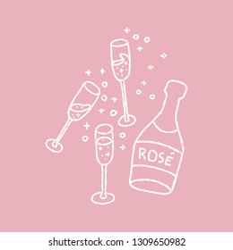 Doodle illustration of bottle and three glasses of rose champagne wine. White vintage texture on pink background. Bachelorette party concept. T-shirt print, invitation design element.