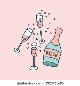 Doodle Illustration Of Bottle And Three Glasses Of Rose Champagne Wine. Pastel Color Palette On Pink Background. Bachelorette Party Concept. T-shirt Print, Invitation Design Element.