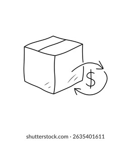 Doodle ilustración de una caja con un signo de dólar que regresa, que representa el reembolso, la política de devolución, la garantía de devolución de dinero, comercio electrónico, devoluciones de envío y transacciones financieras.