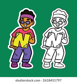 Doodle Illustration of a Boy Holding the Letter N