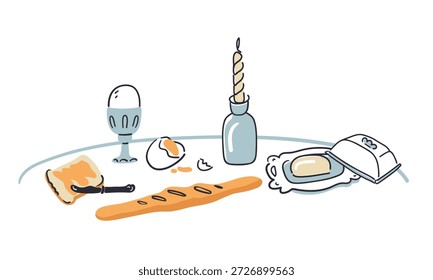 Ilustração de rabiscar do café da manhã: um ovo cozido, uma baguete, um prato de manteiga e uma vela em uma mesa branca. Um café da manhã simples como elemento de design. Estilo plano.