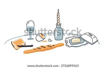 Doodle illustration of breakfast: a boiled egg, a baguette, a butter dish, and a candle on a white table. A simple morning breakfast as a design element. Flat style.