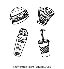 Doodle illustration of burger, fries, drink and burrito