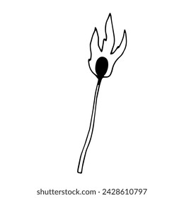 Doodle illustration with burning match. Object for fire, heating. Camping equipment. Monochrome doodle style elements isolated on white background. Hand drawn sketch.