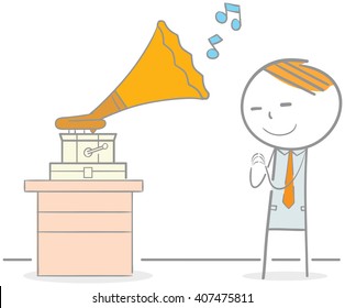 Doodle illustration of businessman listening to gramophone