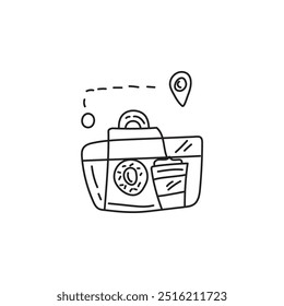 Doodle-Illustration einer Kamera mit einer Kaffeetasse und einem Donut. Konzept von Reisen, Urlaub, Erinnerungen und Fotografie.