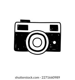 Doodle illustration of a camera isolated on a white background. Camera icon drawn by hand. Vector illustration