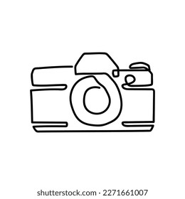 Doodle Illustration einer Kamera einzeln auf weißem Hintergrund. Kamerasymbol von Hand gezeichnet. Vektorgrafik