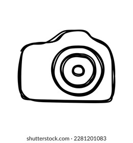 Doodle illustration of a camera isolated on a white background. Camera icon drawn by hand. Vector illustration