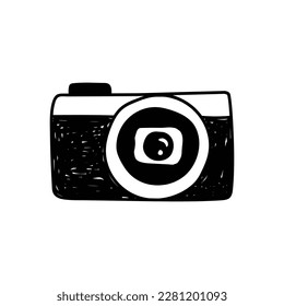 Ilustración de una cámara aislada en un fondo blanco. Icono de cámara dibujado a mano. Ilustración del vector