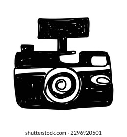 Doodle illustration of a camera isolated on a white background. Camera icon drawn by hand. Vector illustration