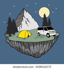 doodle illustration of camping with a car and setting up a tent at night
