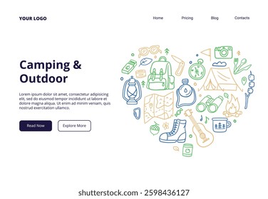 Doodle illustration of camping and outdoor adventure. Travel, tourism, and wilderness-related designs. Vector illustration for landing page, banner, or ad.