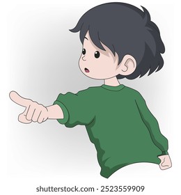 doodle illustration cartoon about pointing gesture, teenage boy is showing the way with pointing finger