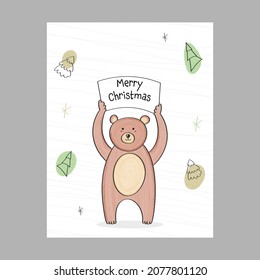 Doodle Illustration Of Cartoon Bear Holding Merry Christmas Card On White Background. Can Be Used As Greeting Card.