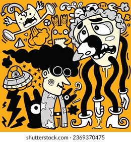 Doodle, illustration of cartoon monsters and cartoons on an yellow background, in the style of black and white abstraction, joyous figurative art
