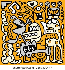 Doodle, ilustración de monstruos de dibujos animados y dibujos animados sobre un fondo amarillo, en el estilo de abstracción en blanco y negro, arte figurativo alegre
