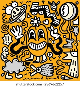 Doodle, ilustración de monstruos de dibujos animados y dibujos animados sobre un fondo amarillo, en el estilo de abstracción en blanco y negro, arte figurativo alegre
