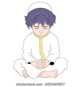 doodle illustration of a cartoon religion, a Muslim boy is sitting wearing a white robe, praying to God, creative drawing 