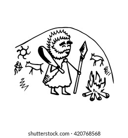 Doodle illustration of a Caveman  and cave paintings. Vector background.