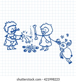 Doodle illustration of a Caveman Family. Vector background on graph paper.