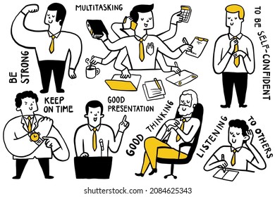 Doodle illustration chacter of businessman in various poses in business concept of being effective at work. To be strong, multitasking, self-confident, listening to others. Cute and funny style.