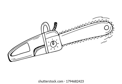 Doodle illustration of a chainsaw. Gardening power tools. The cutting of trees. Building tool.