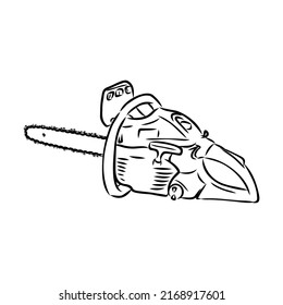 Doodle illustration of a chainsaw. Gardening power tools. The cutting of trees. Building tool.