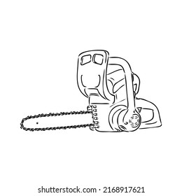 Doodle illustration of a chainsaw. Gardening power tools. The cutting of trees. Building tool.