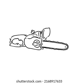Doodle illustration of a chainsaw. Gardening power tools. The cutting of trees. Building tool.
